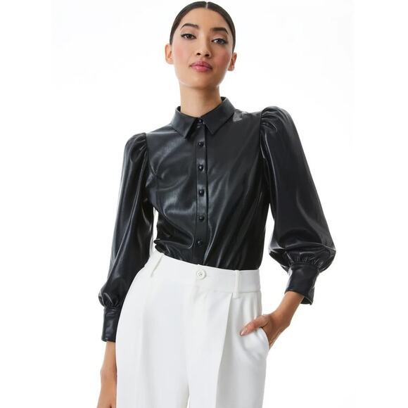 ALICE + OLIVIANadine Vegan-Leather Puff-Sleeve‎ Blouse size medium - Picture 1 of 9